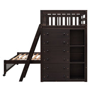 DreamHaus bunk bed with six drawers, flexible shelves, and a bottom bed on wheels, ideal for space-saving bedroom storage.