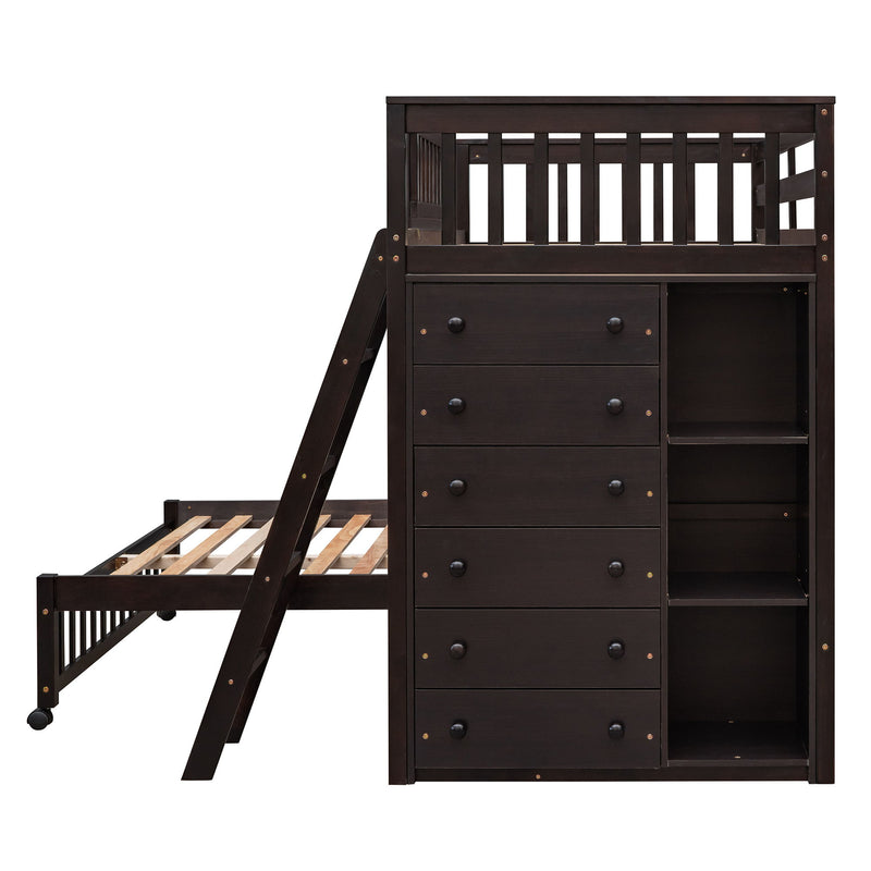 DreamHaus bunk bed with six drawers, flexible shelves, and a bottom bed on wheels, ideal for space-saving bedroom storage.