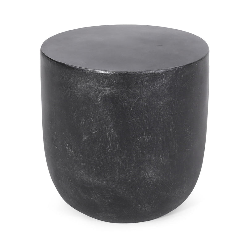 Outdoor lightweight concrete end table by Noble House with natural texture and matte black finish, ideal for patio or garden spaces.