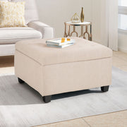 Noble House Isabella contemporary storage ottoman with cushioned top and wooden legs, ideal for living room decor.