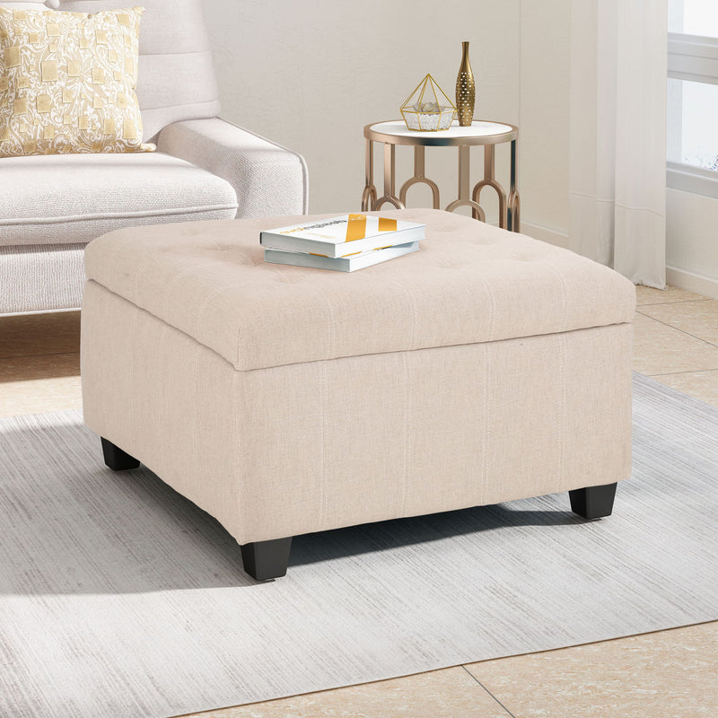 Noble House Isabella contemporary storage ottoman with cushioned top and wooden legs, ideal for living room decor.