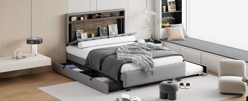 Upholstered Platform Bed With Storage Headboard, Trundle & 2 Drawers And A Set Of Sockets & USB Ports - R&R Furniture Gallery (Fountain Valley, CA)