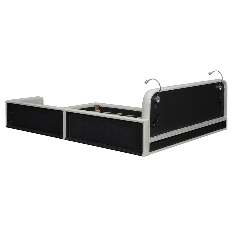 Queen Size Upholstered Platform Bed With 2 Reading Lights - White - R&R Furniture Gallery (Fountain Valley, CA)
