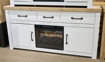 White and brown XL TV stand with fireplace option from Signature Design by Ashley, featuring storage cabinets and modern design.