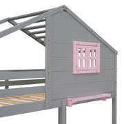 DreamHaus bunk bed with built-in playhouse roof and window, featuring a sturdy frame and colorful design for kids' bedroom fun.