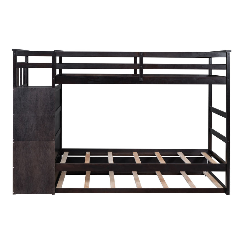 DreamHaus bunk bed with staircase and trundle, featuring sturdy wooden frames, safety rails, and a space-saving design.