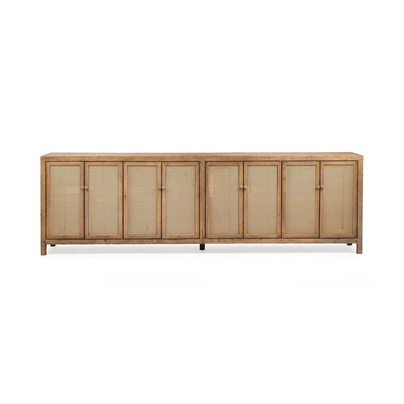 Classic Home Alvin 8-door cabinet in Sandy Cove finish, showcasing wood grain, sleek doors, and modern buffet design.
