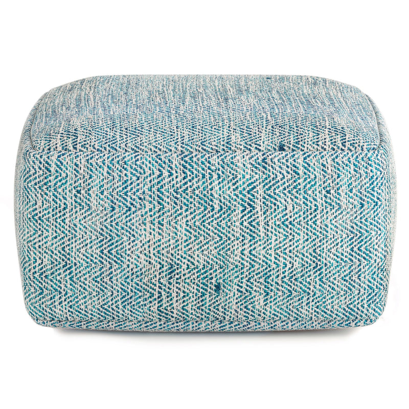 Simpli-Home Nate handcrafted square accent pouf with textured fabric and sturdy wooden legs, ideal for living room decor.