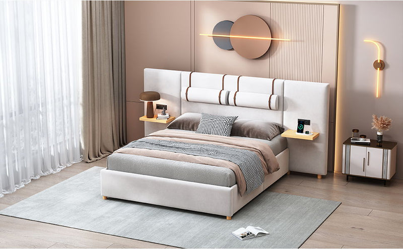 Upholstered Platform Bed, 2 Outlets And USB Charging Ports On Both Sides, 2 Bedside Pillows, Storage Shelves - R&R Furniture Gallery (Fountain Valley, CA)