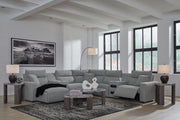 Signature Design by Ashley Modmax II reclining sectional in salt and pepper fabric, showing the plush, modern seating with reclining features.