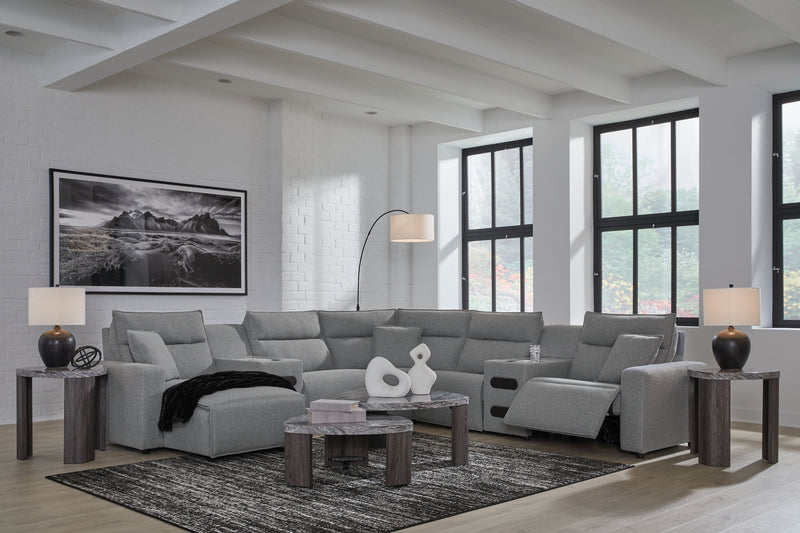 Signature Design by Ashley Modmax II reclining sectional in salt and pepper fabric, showing the plush, modern seating with reclining features.