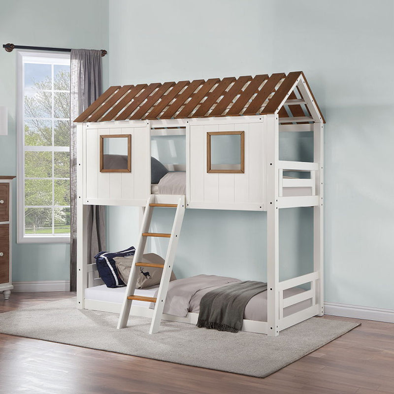 Inara - Twin Over Twin Bunk Bed - White & Rustic Oak - R&R Furniture Gallery (Fountain Valley, CA)