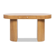 Jennifer Taylor Home Jesse single drawer fluted oval console desk in honey brown with tapered legs and elegant design.