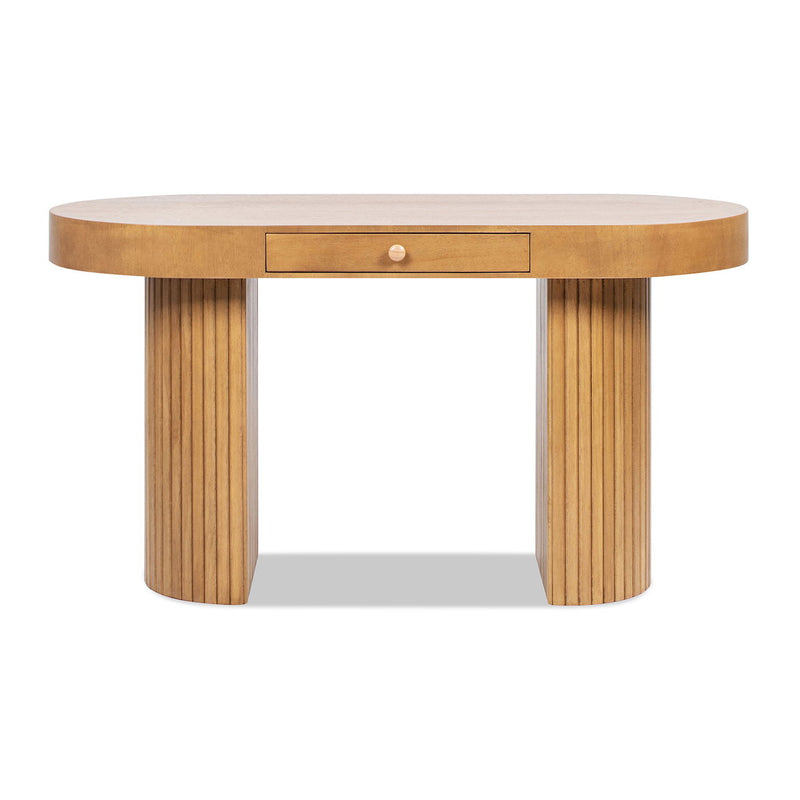 Jennifer Taylor Home Jesse single drawer fluted oval console desk in honey brown with tapered legs and elegant design.