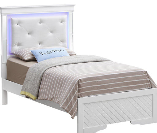 Upholstered bed with LED light accents on headboard by Glory Furniture, featuring a modern design and soft fabric upholstery.