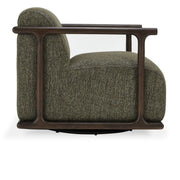 Classic Home Lucia swivel chair with plush upholstery and wooden base, shown in a stylish modern living room setting.