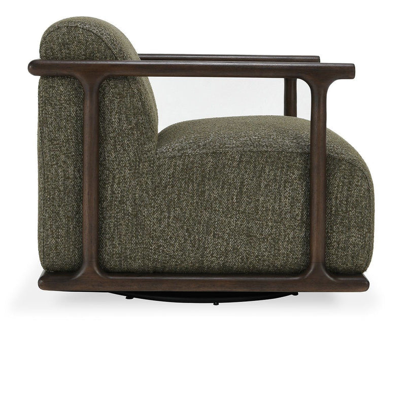 Classic Home Lucia swivel chair with plush upholstery and wooden base, shown in a stylish modern living room setting.
