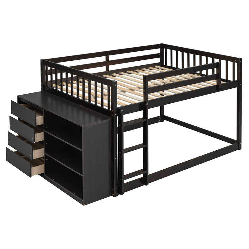 DreamHaus bunk bed with four drawers and three shelves, featuring a sturdy wooden frame and space-saving storage solutions.