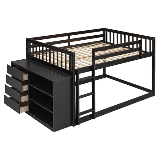 DreamHaus bunk bed with four drawers and three shelves, featuring a sturdy wooden frame and space-saving storage solutions.
