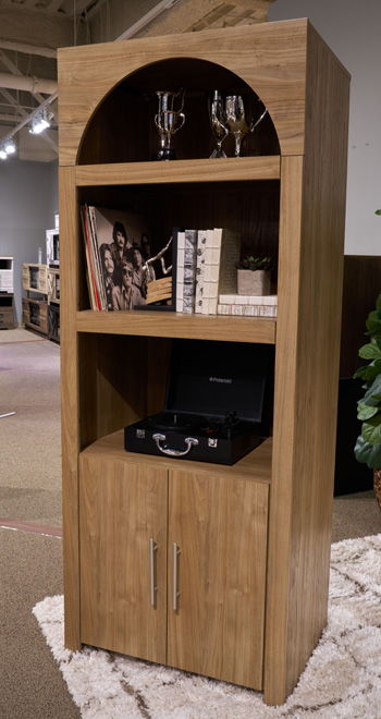 Signature Design by Ashley brown display cabinet with glass doors and shelving for showcasing decorative items.