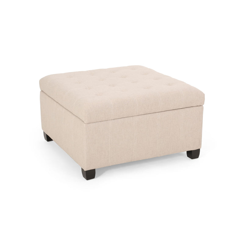Noble House Isabella contemporary storage ottoman with cushioned top and wooden legs, ideal for living room décor and extra storage.