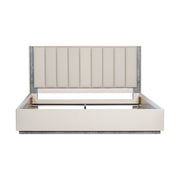 Michael Amini Pavira upholstered bed with integrated LED lights, featuring a modern design and soft fabric upholstery.