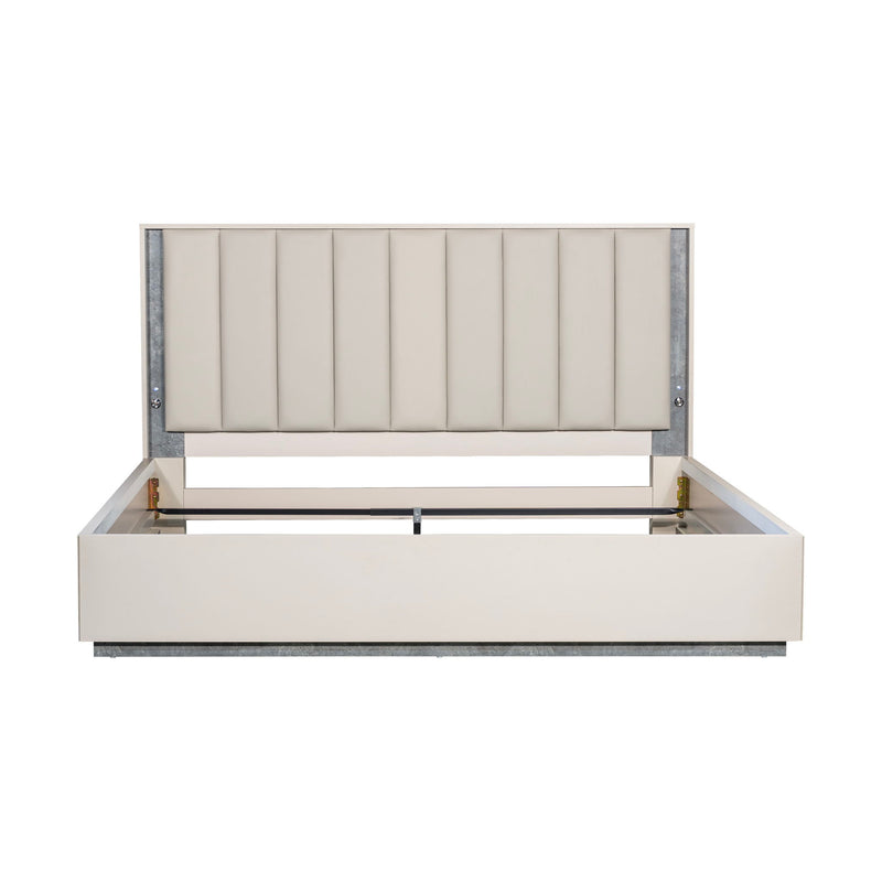 Michael Amini Pavira upholstered bed with integrated LED lights, featuring a modern design and soft fabric upholstery.
