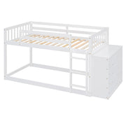 DreamHaus bunk bed with built-in four drawers and three shelves, featuring a modern wooden design for efficient space use.