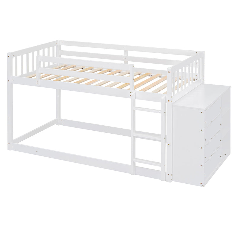DreamHaus bunk bed with built-in four drawers and three shelves, featuring a modern wooden design for efficient space use.