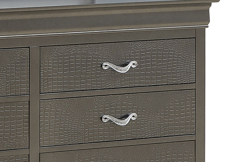 Metallic black dresser from Glory Furniture, a sophisticated storage solution with sleek design and multiple drawers.