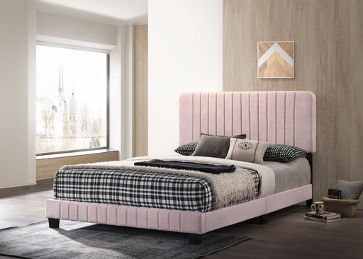 Glory Furniture channel tufted upholstered bed with a padded headboard and sleek design in a modern bedroom setting.