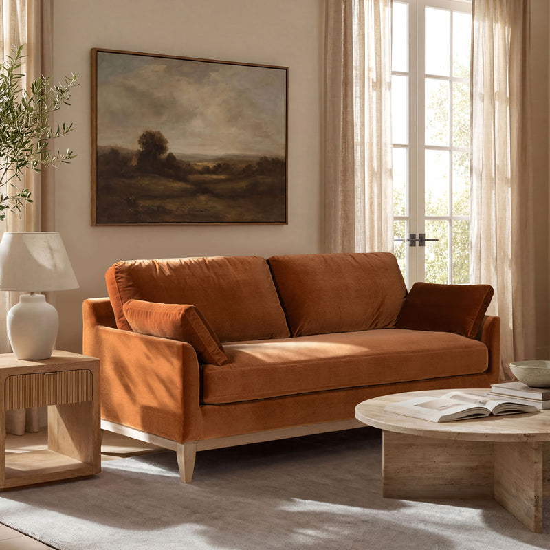 Jennifer Taylor Home Pasadena Modern Farmhouse Sofa in beige with tufted back and wooden legs, stationary design for living room comfort.