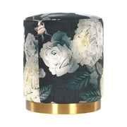 Dark gray floral velvet ottoman with gold base from TOV Furniture, showcasing plush upholstery and elegant design.