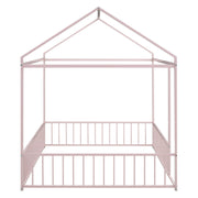Halcyon Home metal canopy bed frame with fence, sturdy metal construction, showcasing a modern house-shaped design for cozy bedroom decor.