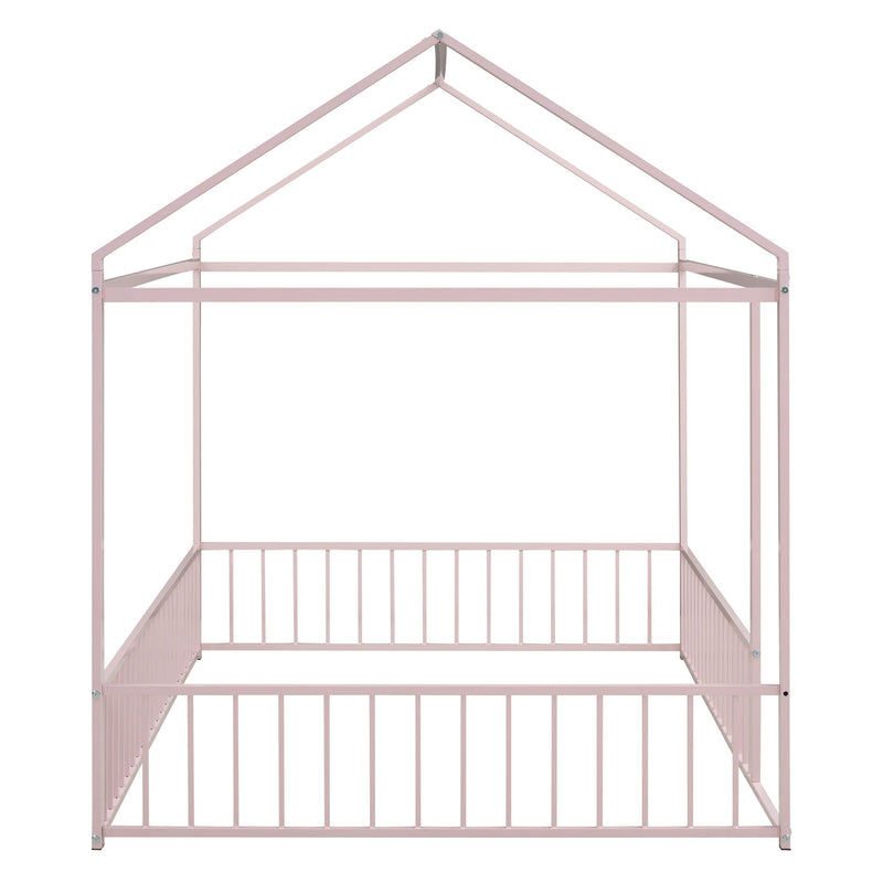 Halcyon Home metal canopy bed frame with fence, sturdy metal construction, showcasing a modern house-shaped design for cozy bedroom decor.