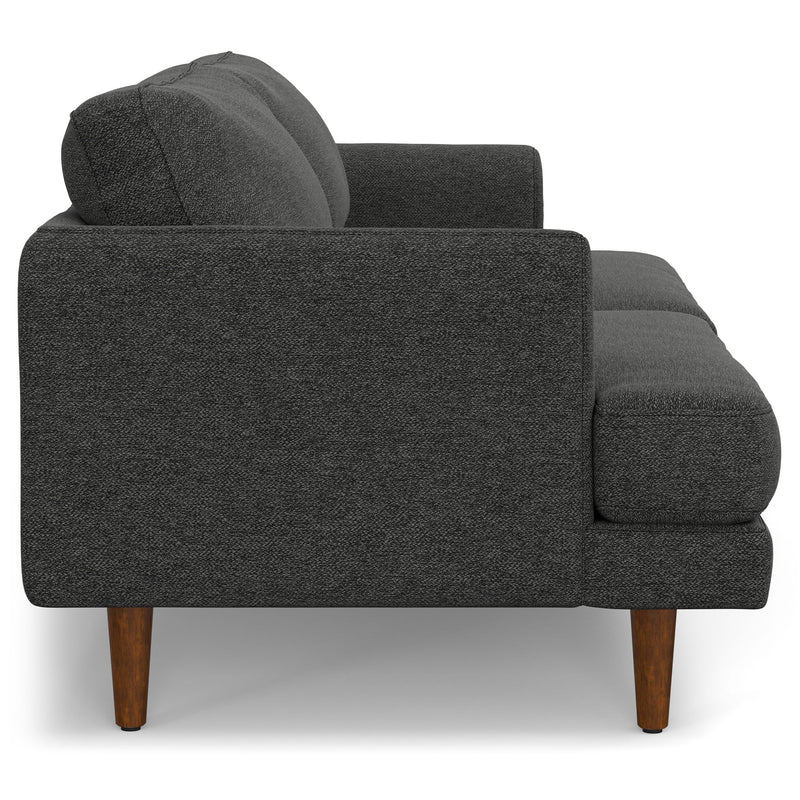 Livingston upholstered stationary sofa by Simpli-Home featuring plush fabric, cushioned armrests, and a modern design.