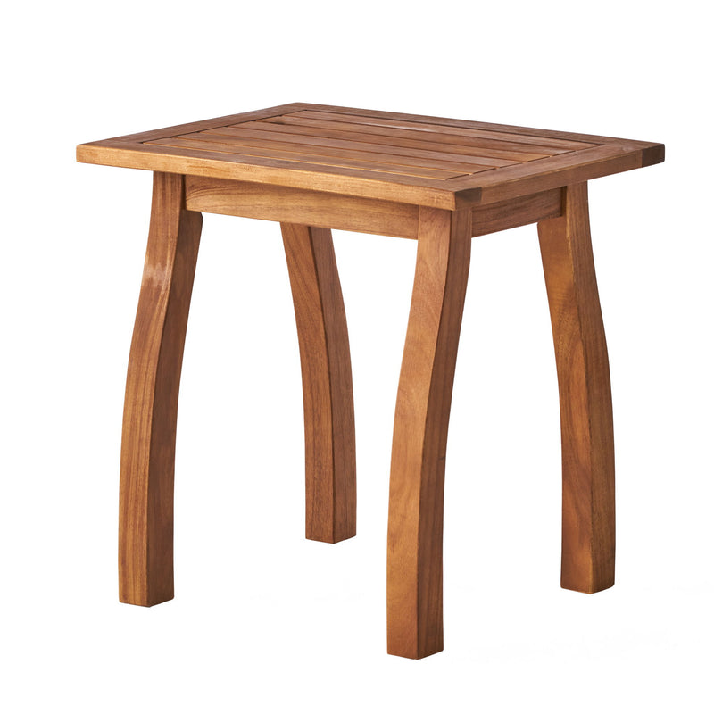 Noble House Kinesis outdoor side table with slatted top and wood frame, ideal for patio or garden outdoor decor.