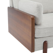 Noble House mid-century modern sofa with wood side panels, stationary design and plush cushions for stylish living room seating.