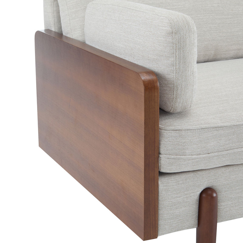 Noble House mid-century modern sofa with wood side panels, stationary design and plush cushions for stylish living room seating.