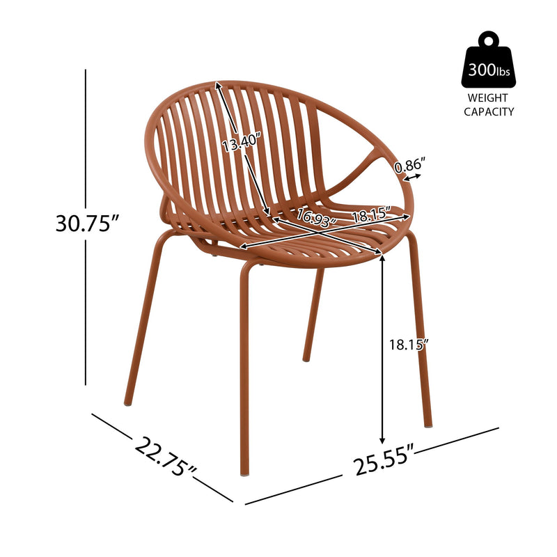 Pair of Noble House stackable outdoor chairs with breathable plastic backrests and metal frames, set of two for patio seating.