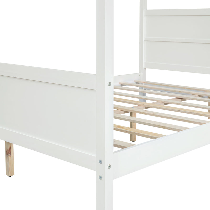 DreamHaus canopy platform bed with headboard, footboard, and slat support legs, showcasing a sturdy wooden frame and elegant design.