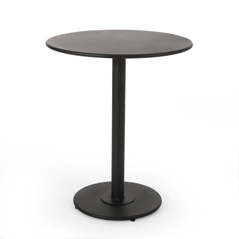 Noble House Terra Nova Bistro Set with matte black finish, includes two chairs and a round table, outdoor 3-piece furniture.