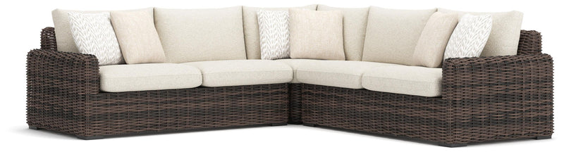 Kimora outdoor sectional by Signature Design Ashley, stationary sectional with plush cushions and modern design, perfect for outdoor seating.