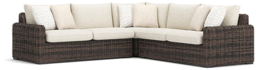 Kimora outdoor sectional by Signature Design Ashley, stationary sectional with plush cushions and modern design, perfect for outdoor seating.