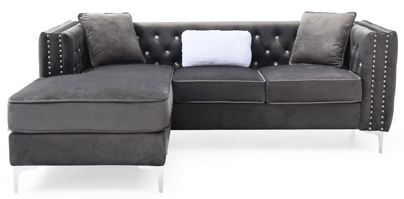 Glory Furniture Paige stationary sectional sofa with chaise, featuring plush cushions and modern design in a living room setting.