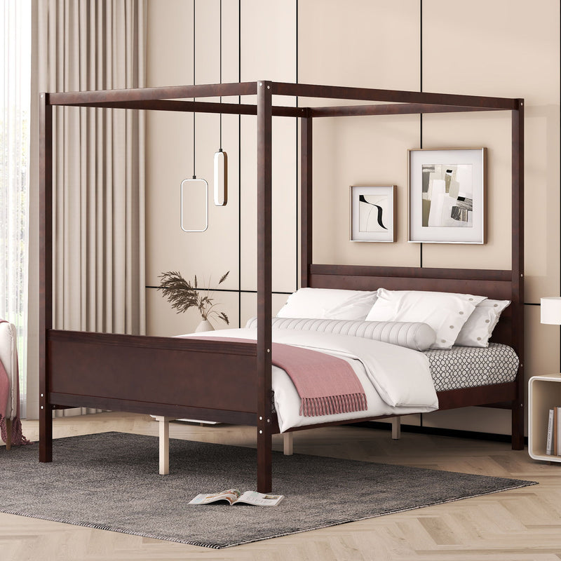 DreamHaus canopy platform bed with headboard, footboard, and slat support legs shown in a modern bedroom setting.