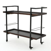 Modern industrial Noble House bar cart with shelving, casters, and a sleek metal frame for versatile serving and storage.
