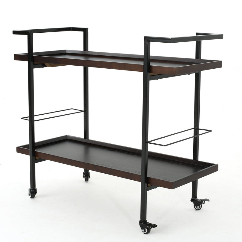 Modern industrial Noble House bar cart with shelving, casters, and a sleek metal frame for versatile serving and storage.