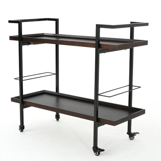 Modern industrial Noble House bar cart with shelving, casters, and a sleek metal frame for versatile serving and storage.