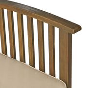 Pair of Noble House acacia wood club chairs with gray and cream water-resistant cushions, perfect for outdoor seating.